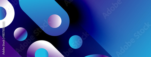 Abstract background features vibrant blue, purple circles. Gradient colors create modern, dynamic visual effect. Smooth shapes suggest fluidity.