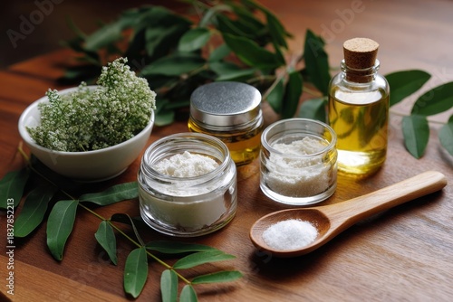 Organic skincare ingredients arranged on a wooden surface with greenery, small glass jars, essential oils, and a wooden spoon creating a natural aesthetic.