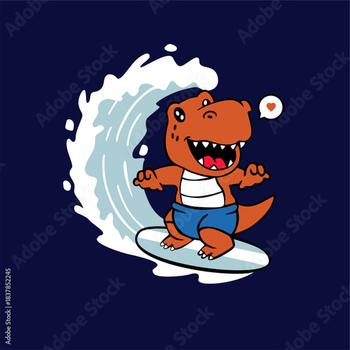 dinosaurus playing with the waves and happy hand drawn illustration graphic 