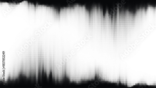 Vector halftone glitch borders fade design background. Upper and lower dotted dense irregular edge texture with light center for your text.