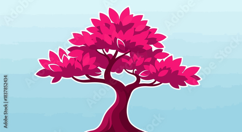 Vibrant pink tree with lush foliage stands out against a light blue backdrop.