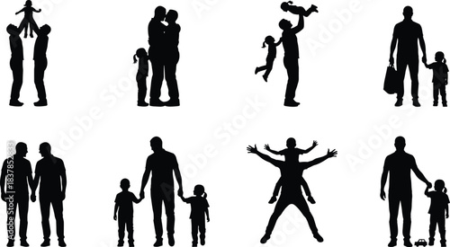 Silhouette illustration of fathers spending meaningful moments with children in various family activities, showing love, bonding, support, parenting, care, and connection