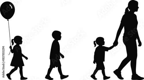 Silhouette illustration of mother walking with children holding hands and balloon, representing family outing, parenting, childhood togetherness, safety, and bonding