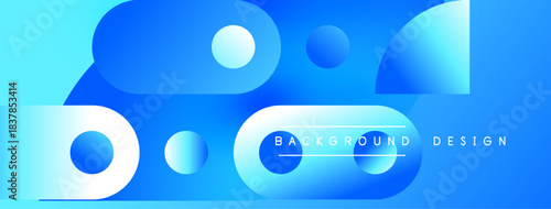 Abstract blue design features overlapping circles, squares. Gradient shades create dynamic visual effect. Text reads background design.