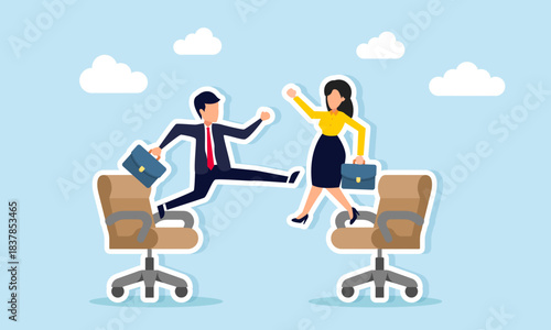Businessman and businesswoman exchanging office chairs illustrating a change of roles positions or a swap in business sectors