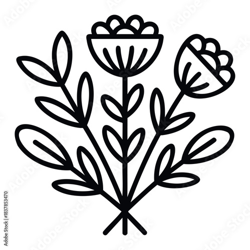 Minimalist line drawing of a simple floral bouquet with rounded flower heads and leafy stems, perfect for natural themes or organic branding.
