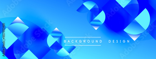 Abstract blue shapes create dynamic background. Gradient colors suggest movement, modern aesthetic. Design feels fluid, energetic.