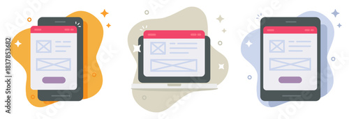 Prototyping ui ux wireframe layout design for mobile cell phone tablet and laptop computer devices screens icon vector modern graphic illustration design set, website application responsive interface
