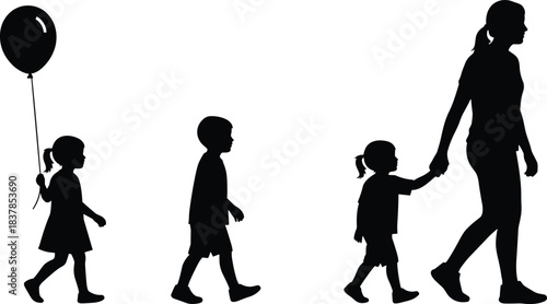 Silhouette illustration of mother walking with three children holding hands, featuring girl with balloon, representing family bonding, parenting guidance, unity and childhood moments