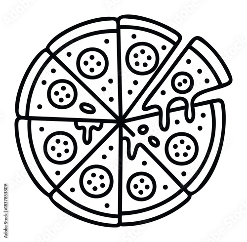 Simple black and white outline icon of a pizza with pepperoni and cheese slices, perfect for food menus and delivery apps.
