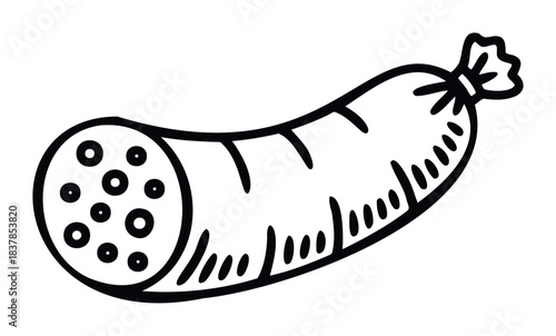 Drawn sausage with round slices showing inner texture, ideal for foodrelated content and culinary themes, presented in a bold outline style.
