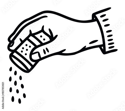 Hand sprinkling seasoning from a shaker, great for food preparation, cooking, and culinary concepts.