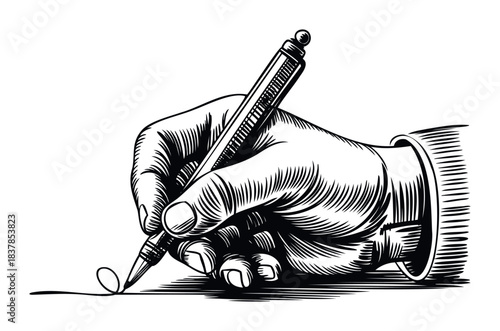 Hand holding a pen signing document or writing with elegant line creating a signature in a vintage woodcut style for concept of agreement or communication