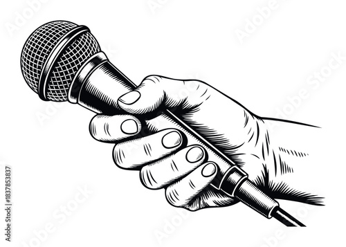 Hand holding microphone in black and white woodcut style, perfect for music, podcasting, or performancerelated projects.