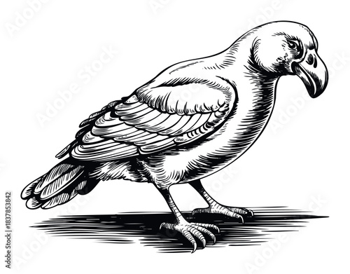 Detailed black and white line drawing of a crow with sharp claws and a large beak, perfect for book illustrations, folklore themes, or gothic imagery.