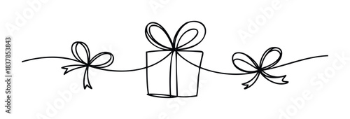 Simple line drawing of a gift box with bows on the sides symbolizing celebration, gifts and holidays, perfect for various festive and promotional uses.