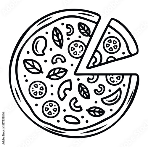 Hand drawn black and white line pizza with a slice missing, perfect for food menus, restaurant promotions, and culinary websites