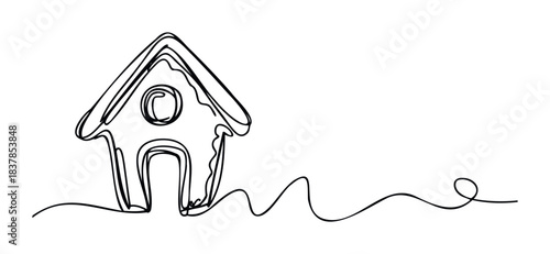 Minimalist single line drawing of a house with a whimsical wavy line extending from its base, perfect for real estate, property, or home related concepts.