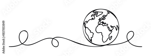 Continuous line drawing of planet Earth with swirling line symbolizing movement and global connection, perfect for environmental awareness and travel themes