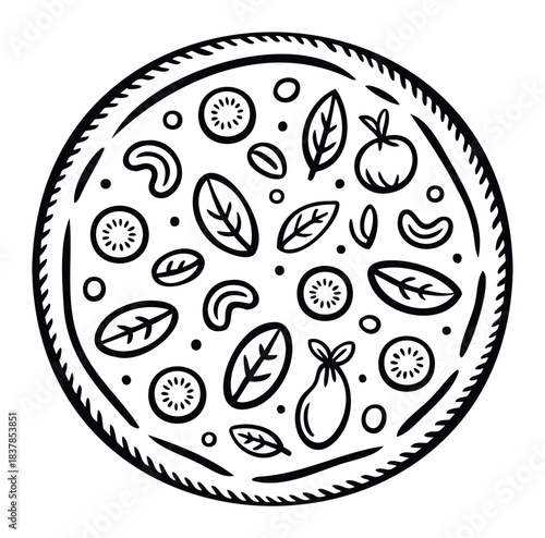 A topdown view of a circular pizza featuring a variety of fresh toppings like tomatoes, leaves, and cashews, perfect for foodrelated projects and menus
