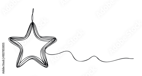 Hand drawn single line abstract star ornament with flowing trailing ribbon, ideal for holiday decor and festive celebration graphics.