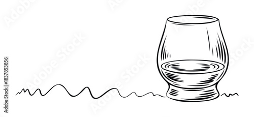 Sketch of a tasting glass filled with liquid, presented on a white surface with subtle wavy lines suggesting movement or aroma, perfect for beverages and sensory experiences.