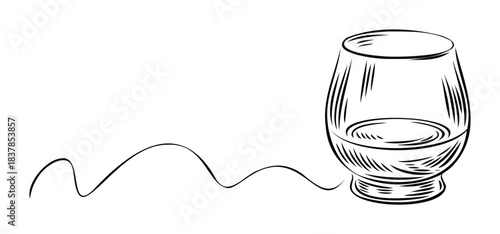 Sketch of a short glass filled with liquid and a flowing wavy line, suitable for beverage related promotions and abstract visuals.