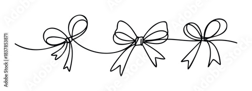 A continuous black line forms three elegant bows connected by a single strand, perfect for invitations, gift wrapping, or celebratory decorations.