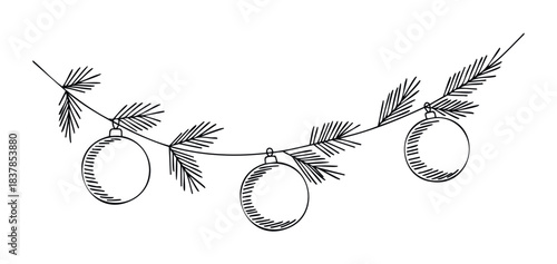 Hand drawn black and white garland with pine branches and Christmas ornaments strung across for festive holiday decoration on a white background.