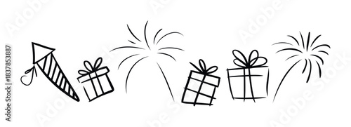 Celebration icons including a rocket, gift boxes and fireworks, perfect for festive occasions and party invitations.