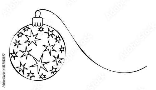 Black and white outline drawing of a starcovered Christmas ornament with a flowing ribbon, perfect for holiday invitations and festive decorations.