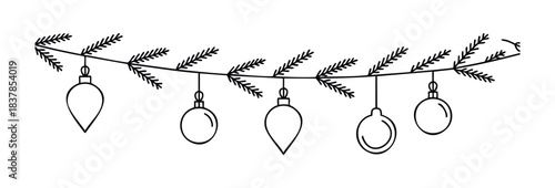 Festive Christmas garland with fir branches and hanging ornaments for holiday celebration decor and New Year greeting cards