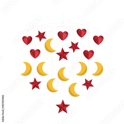Red star heart and moon baby mobile isolated on white background