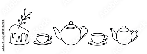 Simple line drawing of a plant in a pot and tea set including teapots and cups, perfect for minimalist hospitality or cafe themes and decorative uses.
