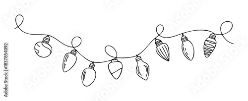 Festive string of hand drawn light bulbs in various shapes, perfect for holiday decorations and celebratory projects.