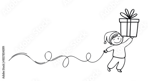 Joyful child wearing Santa hat holding a present aloft with a playful ribbon trailing across the scene, perfect for holiday greetings and festive promotions