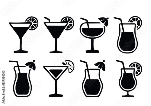 Collection of modern black cocktail and drink icons with lemon slices and umbrellas, perfect for menus, websites, and hospitality promotions.