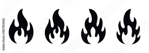 Four black fire icons with varying flame shapes representing heat and energy, perfect for warning signs or symbolizing power.