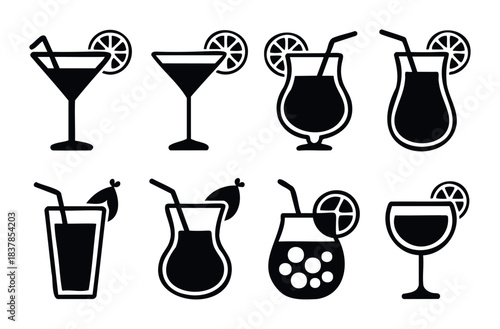 Collection of eight black beverage icons including martini glasses, hurricane glasses, and tumblers with garnishes like citrus slices and cherries for refreshment themes.