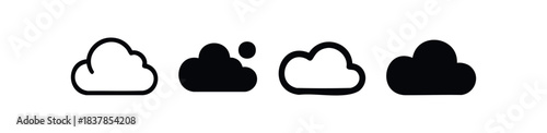 Collection of stylized cloud icons representing weather conditions and cloud storage services for digital platforms and graphic projects