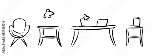Minimalist line drawings of office furniture including a chair, desk with lamp, and a stool with a calendar ideal for workspace concepts and home office design.