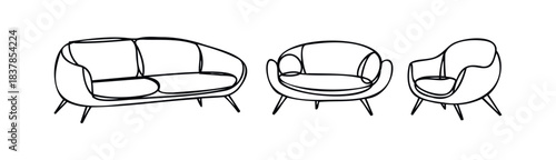 Set of modern minimalist contour sofas and armchairs with slender legs, perfect for interior design concepts and furniture store visuals.