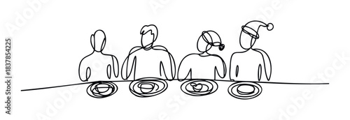 Line drawing of four diverse people sitting at a table sharing a meal during the holidays, ideal for festive greetings and family gatherings themes.