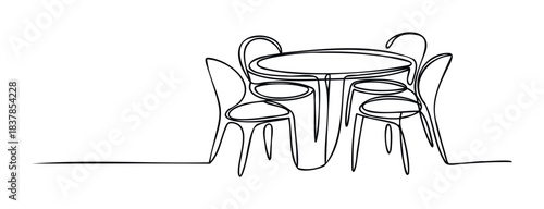Minimalist single line drawing of a round cafe table with four chairs, perfect for restaurant promotion and hospitality concepts