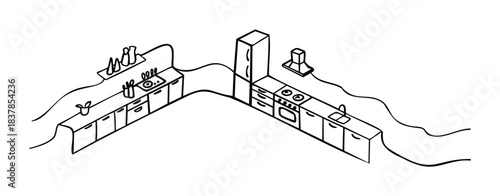 Hand drawn outline of a modern kitchen layout with L shaped cabinets featuring appliances, sink, and overhead storage perfect for architectural visualization or interior decoration concepts.