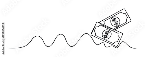 Line drawing of two dollar bills with dollar signs on a wavy line, symbolizing financial flow and economic fluctuations, perfect for finance and business concepts.