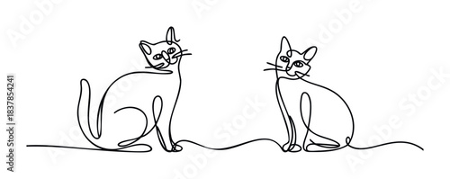 Minimalist single line drawing of two cats sitting facing each other, perfect for pet care, veterinary services, or felinethemed projects.