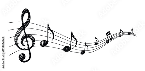 Hand drawn musical staff with treble clef and notes, representing melody and rhythm, perfect for music education materials and creative projects.