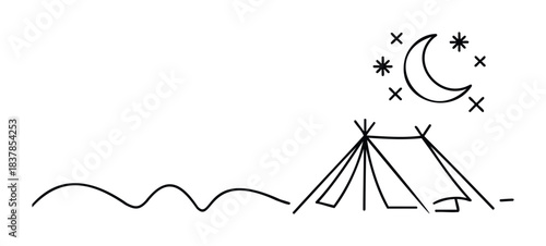 Simple line drawing of a crescent moon and stars above a tent, evoking a nighttime camping adventure perfect for travel and outdoor themes.