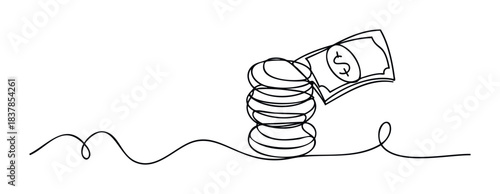 Minimalist single line drawing depicting a stack of coins topped with a dollar bill, symbolizing financial growth and wealth accumulation for economic presentations and business themes.